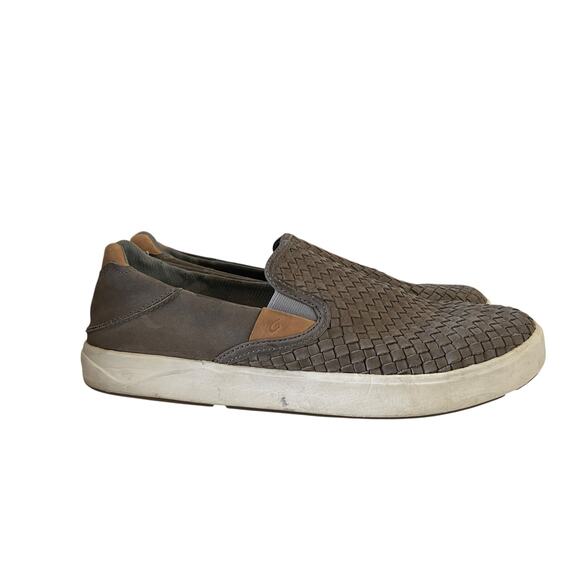 OLUKAI Men's Leather Woven Slip On Casual Shoe Ash Gray Sz 10.5M Comfort Dad - Picture 1 of 8